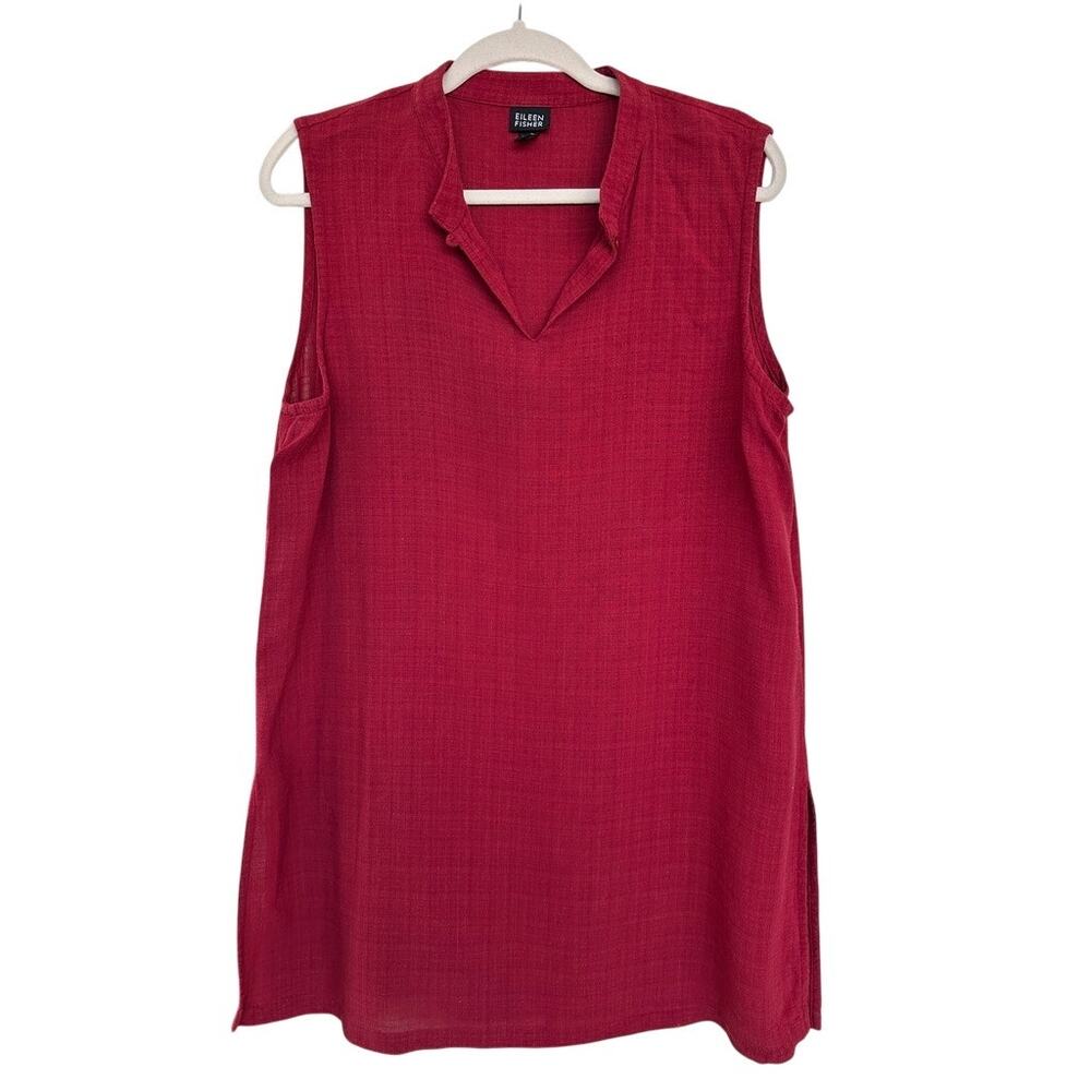 Eileen Fisher Red Linen Blend Split Hem Sleeveless Mandarin Collar Tunic Size L